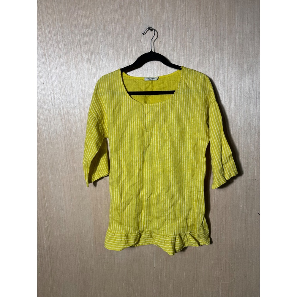 Lungo L'Arno Italy Yellow Striped 100% Linen Ruffle Hem Top Womens Small